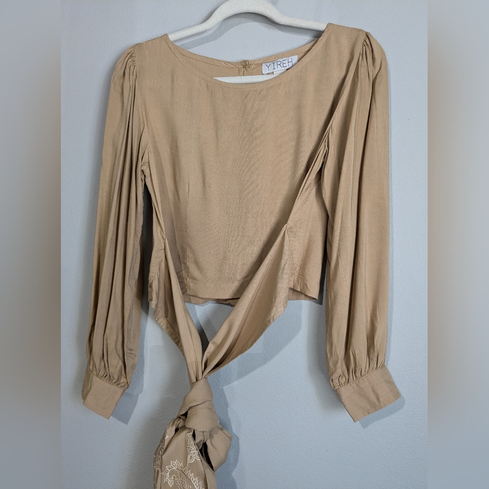 YIREH Embroidered Waist Tie Wrap Top Button Back Crop Popover Blouse S - Picture 3 of 10